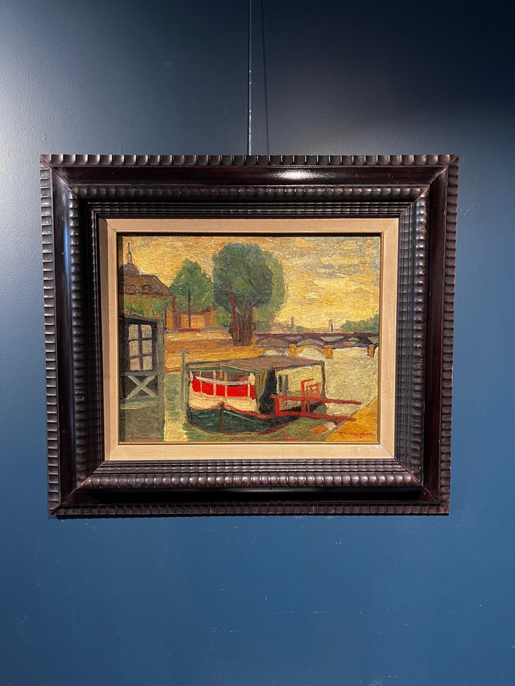 Cesare Breviglieri, The Seine in Paris, Oil Painting, 1930s, Framed