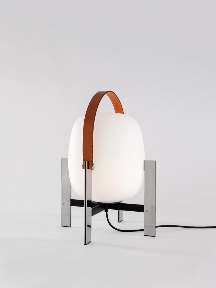 Cesta Metálica with Leather Handle Table Lamp by Miguel Milá