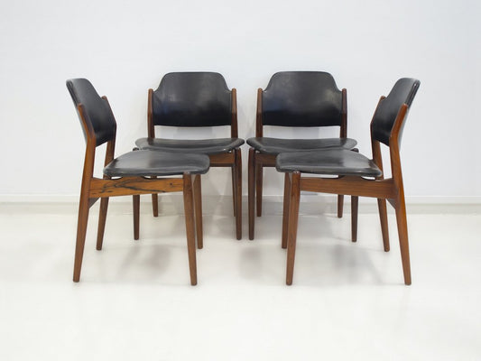 Chairs in Hardwood and Black Leather by Arne Vodder for Sibast, 1960s, Set of 4