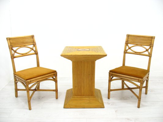 Chairs in Rattan with Table, 1970s, Set of 3-WVA-1235944