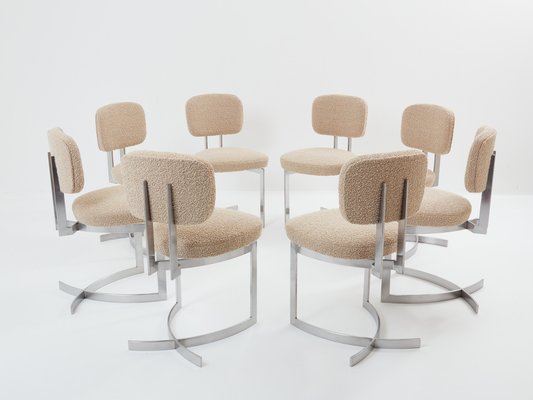 Chairs in Stainless Steel & Wool Bouclé from Paul Legeard, 1970s, Set of 8-YJA-1821276