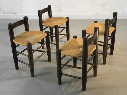 Chairs in Wood and Straw by Charles Dudouyt, France, 1950s, Set of 4-NLF-962406