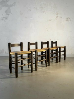 Chairs in Wood and Straw by Charles Dudouyt, France, 1950s, Set of 4-NLF-962406