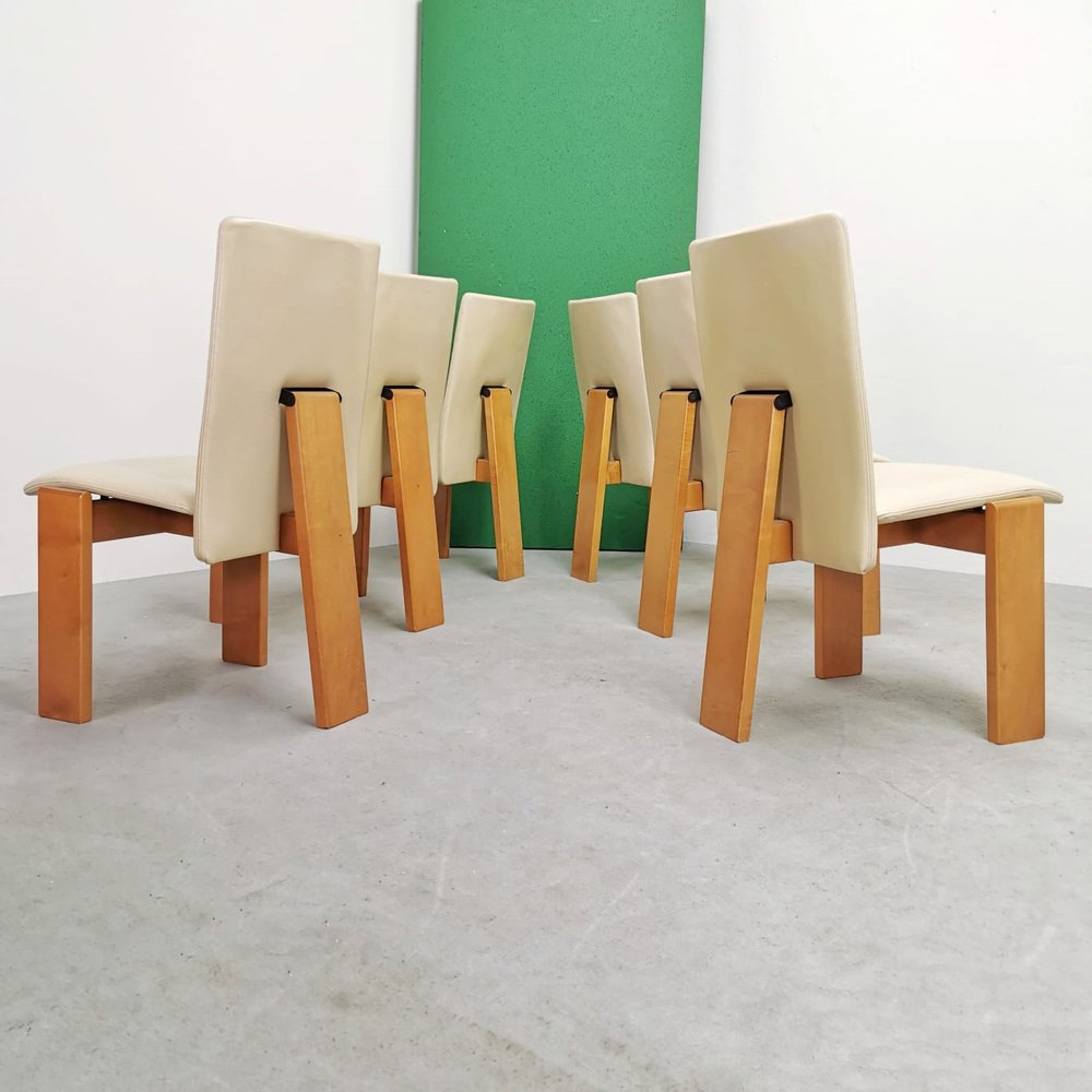 Chairs with Tripod Structure and Beige Leather Upholstery, 1970s, Set of 6