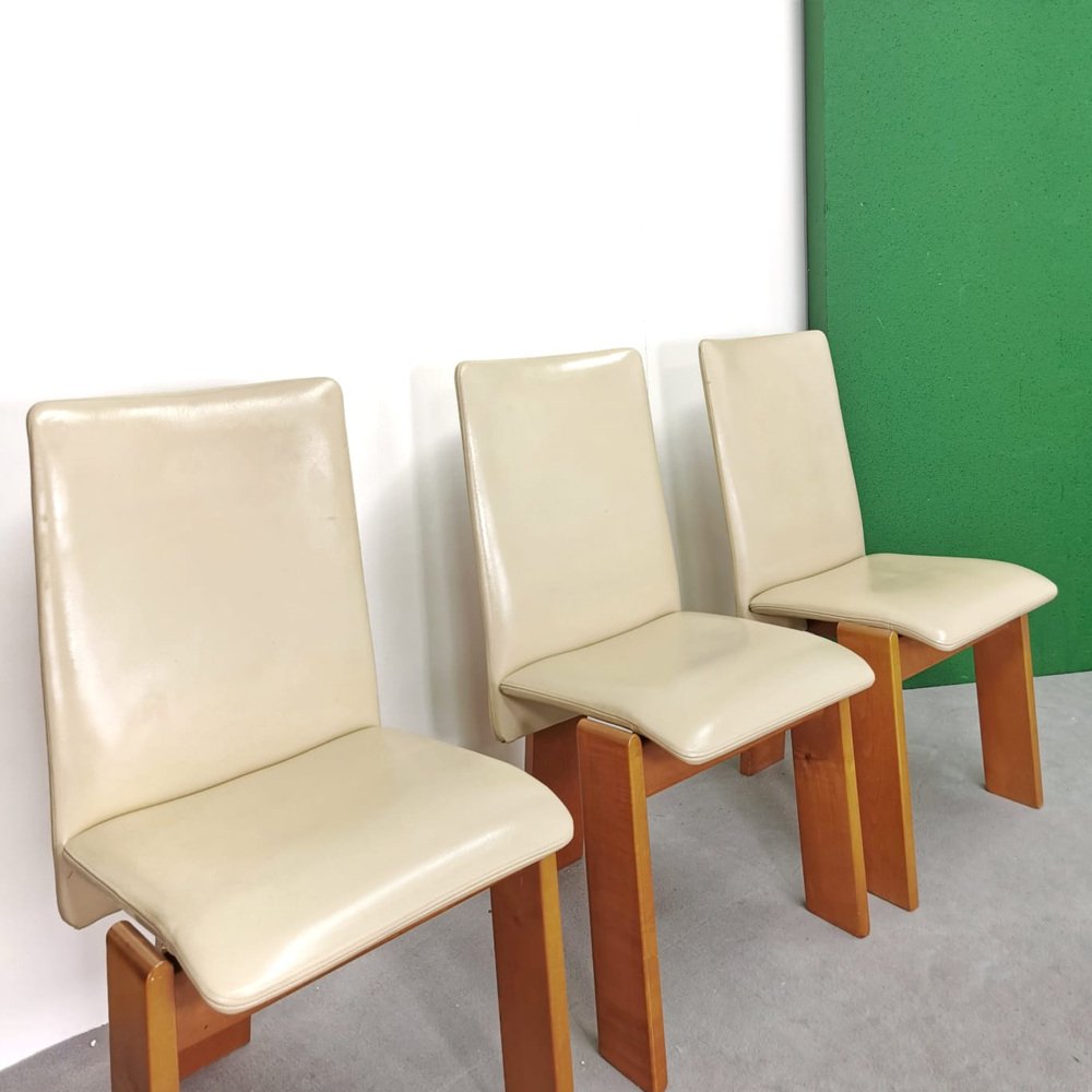 Chairs with Tripod Structure and Beige Leather Upholstery, 1970s, Set of 6