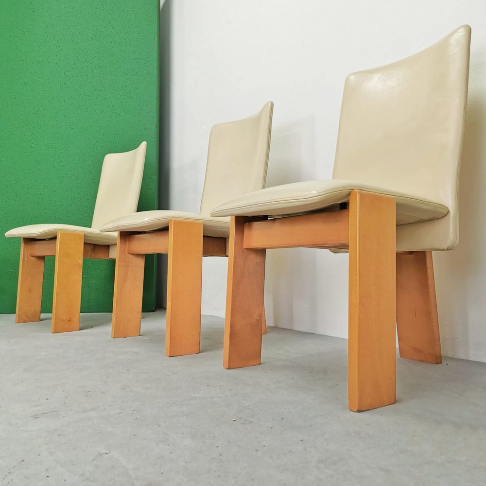 Chairs with Tripod Structure and Beige Leather Upholstery, 1970s, Set of 6