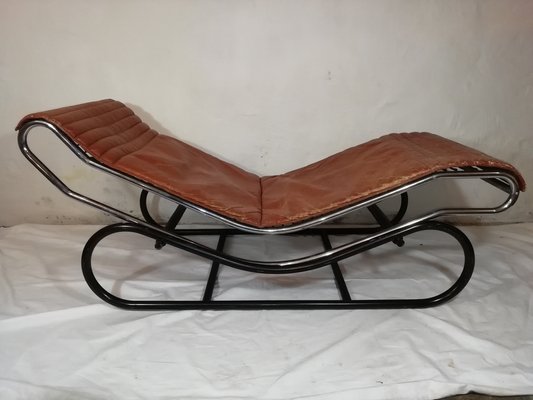 Chaise Longue in Chromed Metal & Brass Leather, Italy, 1960s-HNE-1178158