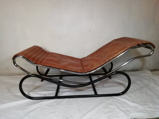 Chaise Longue in Chromed Metal & Brass Leather, Italy, 1960s-HNE-1178158