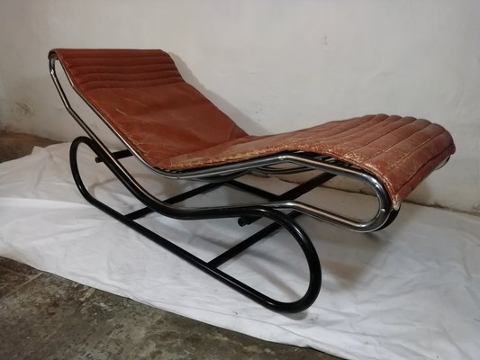 Chaise Longue in Chromed Metal & Brass Leather, Italy, 1960s-HNE-1178158