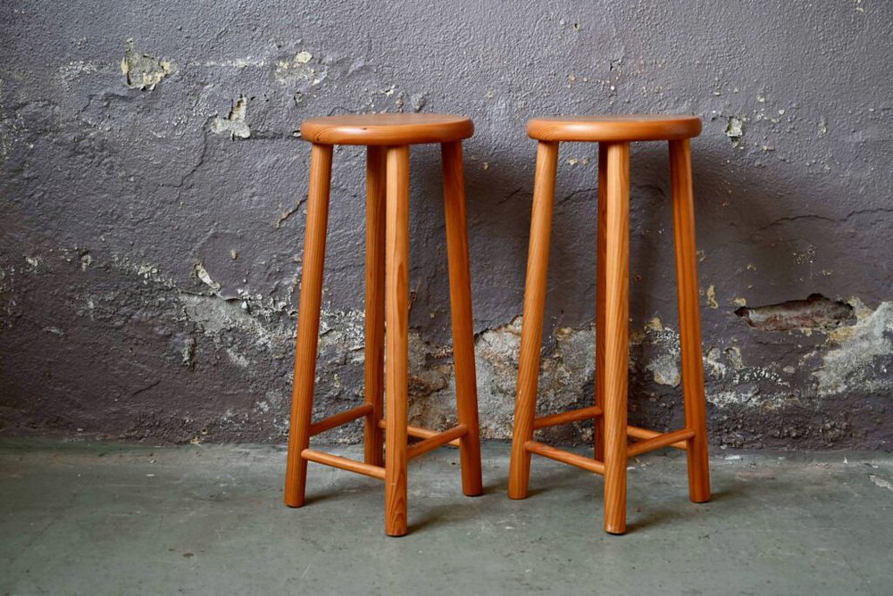 Chalet Style Pine Bar Stools, 1970s, Set of 2