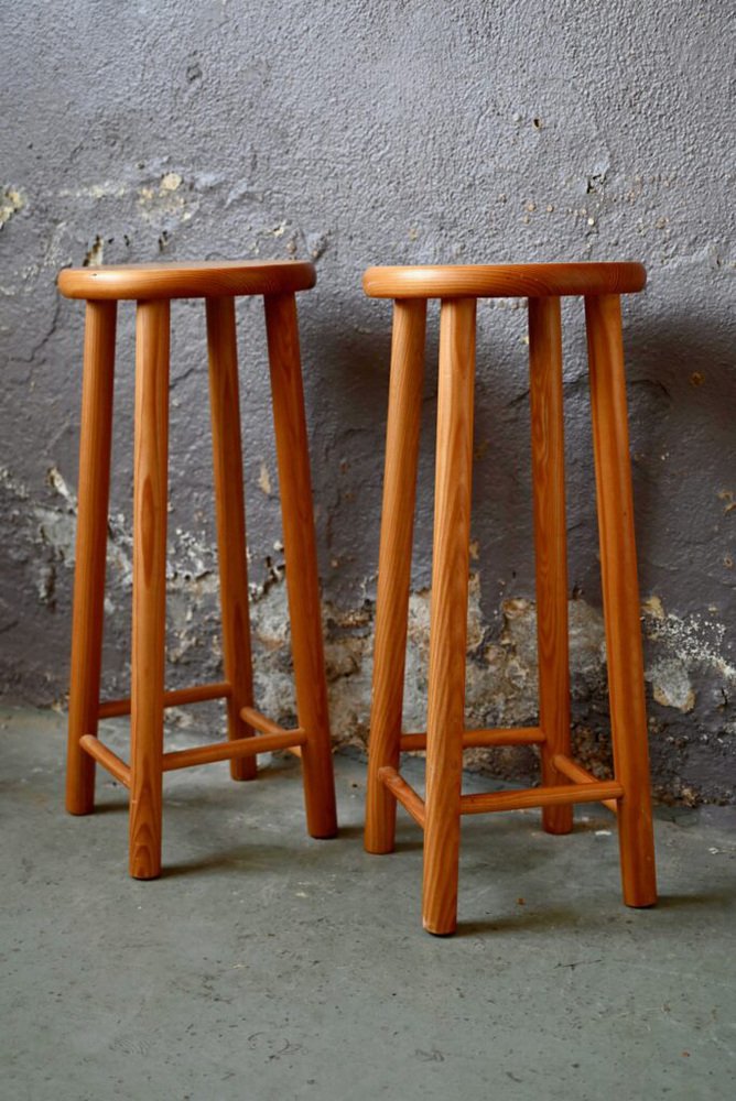 Chalet Style Pine Bar Stools, 1970s, Set of 2