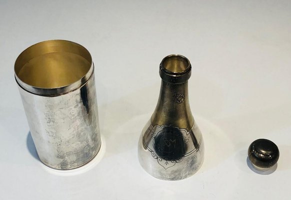 Champagne Bottle Shaker in Silver Plated Metal and Brass, France, 1930s-BA-803696