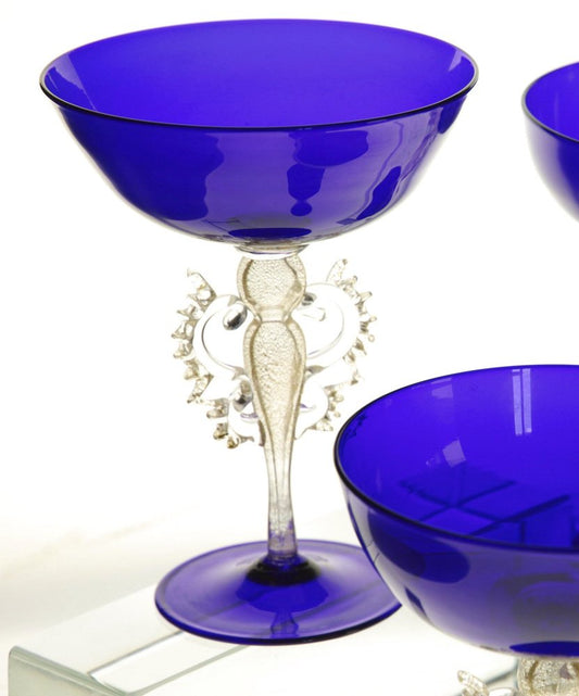 Champagne Glasses in Cobalt Murano Glass with Signed Gold Accents from Cenedese, 1950s, Set of 6