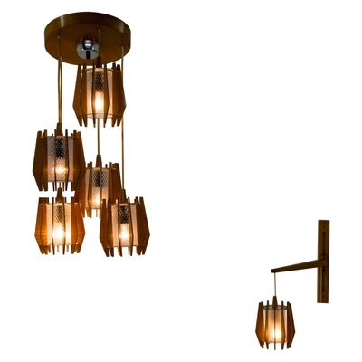 Chandelier and Wall Lamp from Drevo Humpolec, 1970s, Set of 2-TZ-1016728