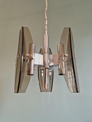 Chandelier in Chromed Metal and Smoked Glass from Veca, Italy, 1970s-FAX-1795984