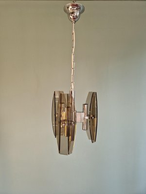 Chandelier in Chromed Metal and Smoked Glass from Veca, Italy, 1970s-FAX-1795984