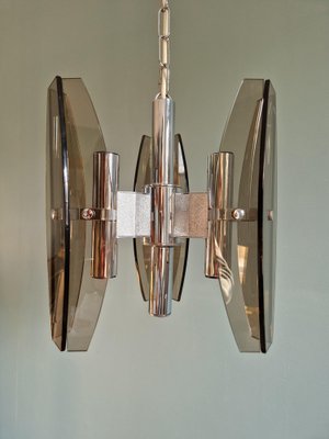 Chandelier in Chromed Metal and Smoked Glass from Veca, Italy, 1970s-FAX-1795984