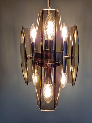 Chandelier in Chromed Metal and Smoked Glass from Veca, Italy, 1970s-FAX-1795984