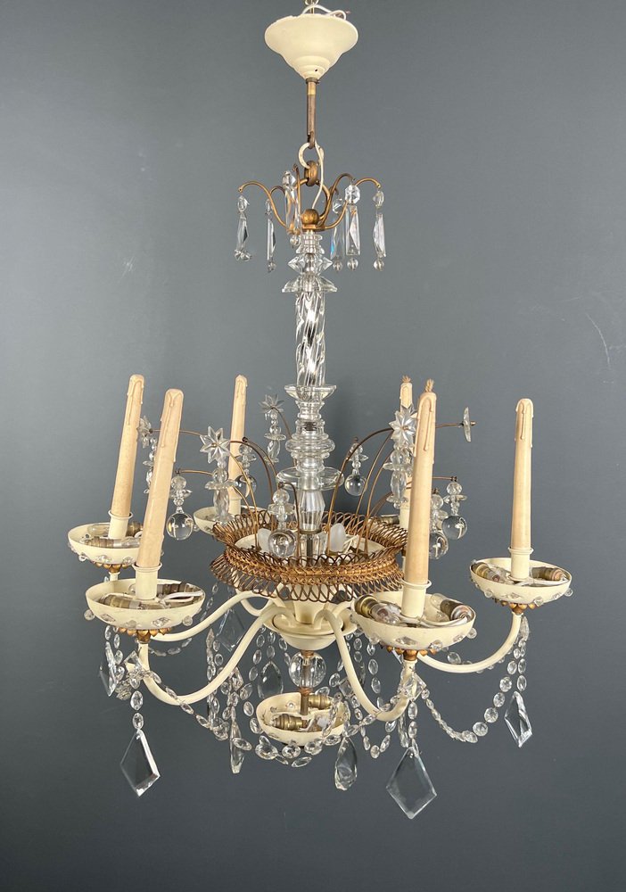 Chandelier in Lacquered and Gilded Sheet Metal and Crystals from Maison Baguès, 1940