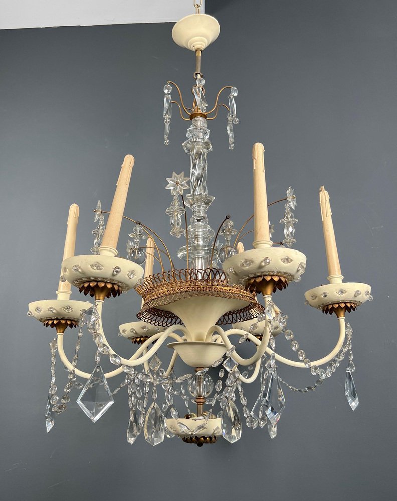 Chandelier in Lacquered and Gilded Sheet Metal and Crystals from Maison Baguès, 1940