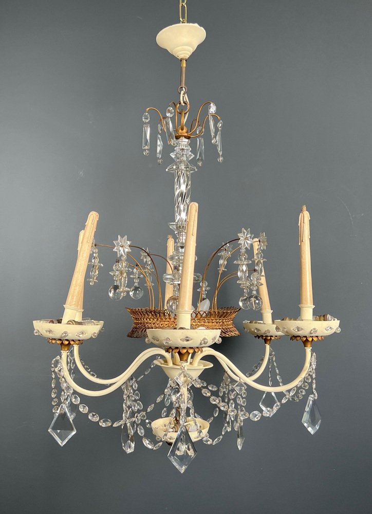 Chandelier in Lacquered and Gilded Sheet Metal and Crystals from Maison Baguès, 1940