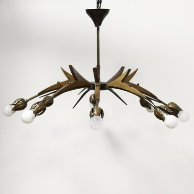 Chandelier with Copper Arms, Brass & Teak in the style of Stilnovo, Italy, 1960s-XIJ-1742445