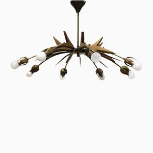 Chandelier with Copper Arms, Brass & Teak in the style of Stilnovo, Italy, 1960s-XIJ-1742445