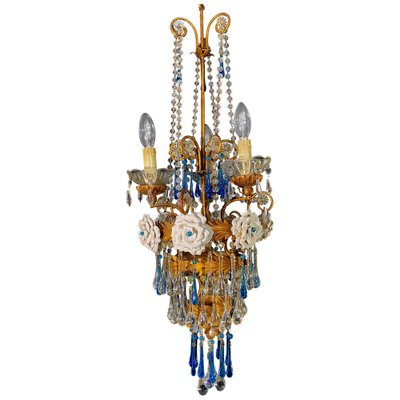 Chandelier with White Roses and Blue Drops, Murano, 1950s-OVO-1235197