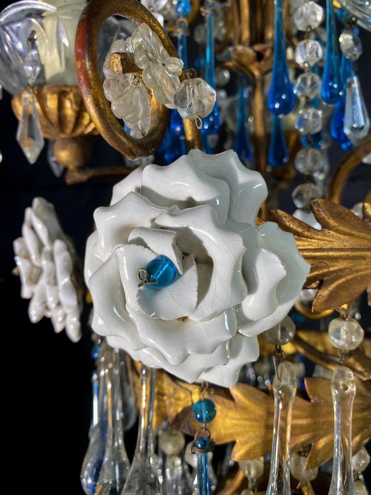 Chandelier with White Roses and Blue Drops, Murano, 1950s