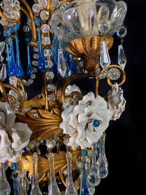 Chandelier with White Roses and Blue Drops, Murano, 1950s-OVO-1235197