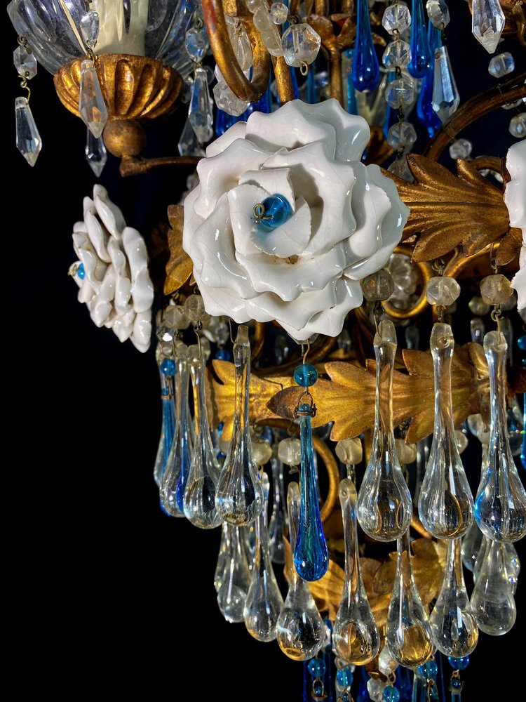 Chandelier with White Roses and Blue Drops, Murano, 1950s