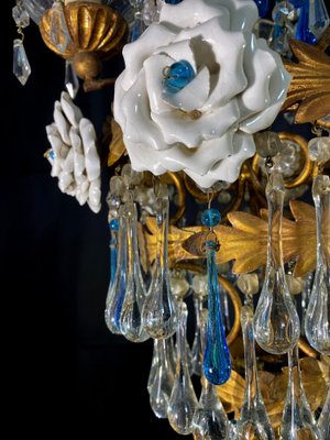 Chandelier with White Roses and Blue Drops, Murano, 1950s-OVO-1235197