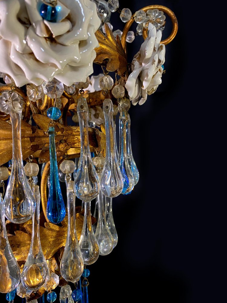 Chandelier with White Roses and Blue Drops, Murano, 1950s