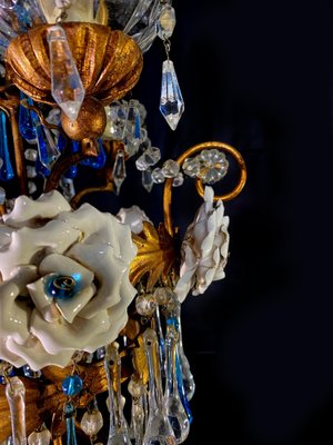 Chandelier with White Roses and Blue Drops, Murano, 1950s-OVO-1235197