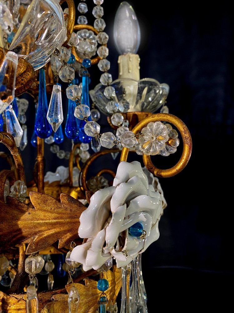 Chandelier with White Roses and Blue Drops, Murano, 1950s