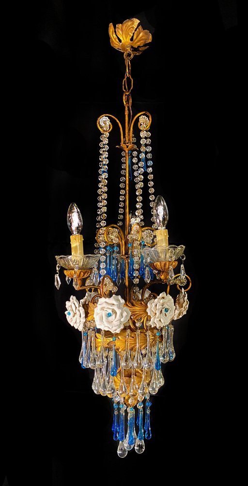 Chandelier with White Roses and Blue Drops, Murano, 1950s