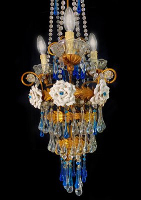 Chandelier with White Roses and Blue Drops, Murano, 1950s-OVO-1235197