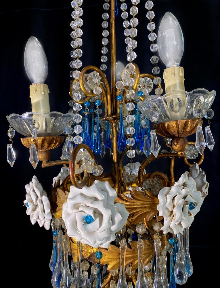 Chandelier with White Roses and Blue Drops, Murano, 1950s