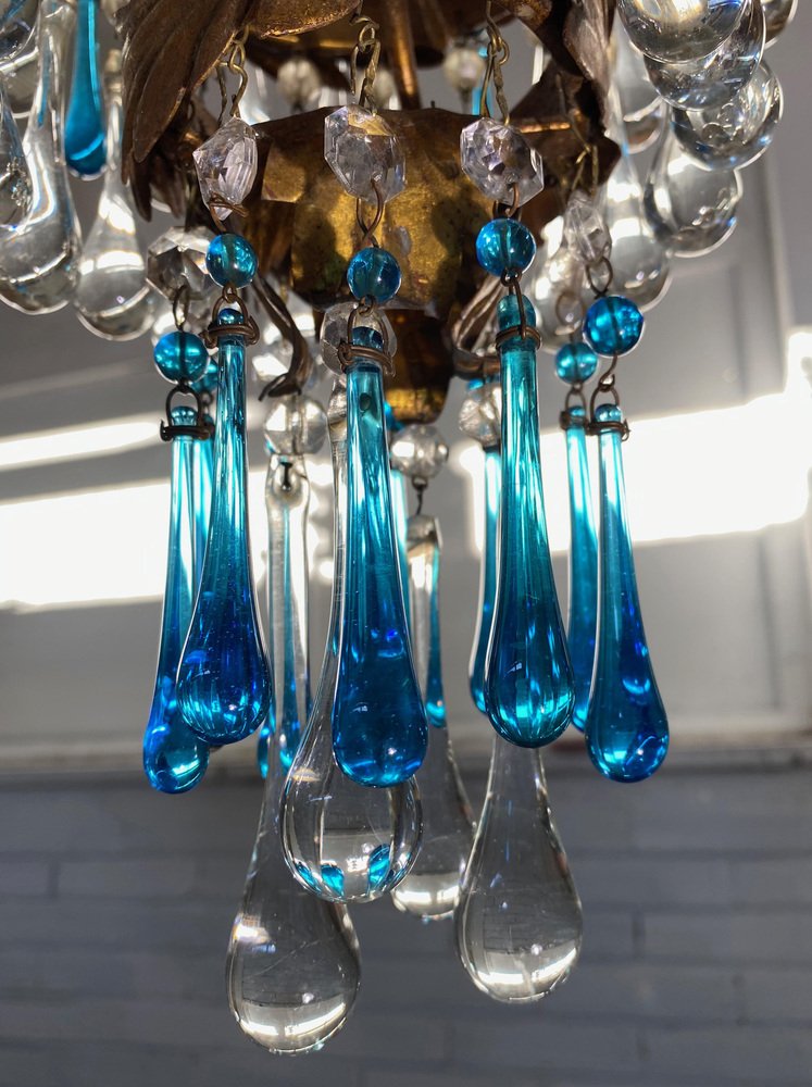 Chandelier with White Roses and Blue Drops, Murano, 1950s