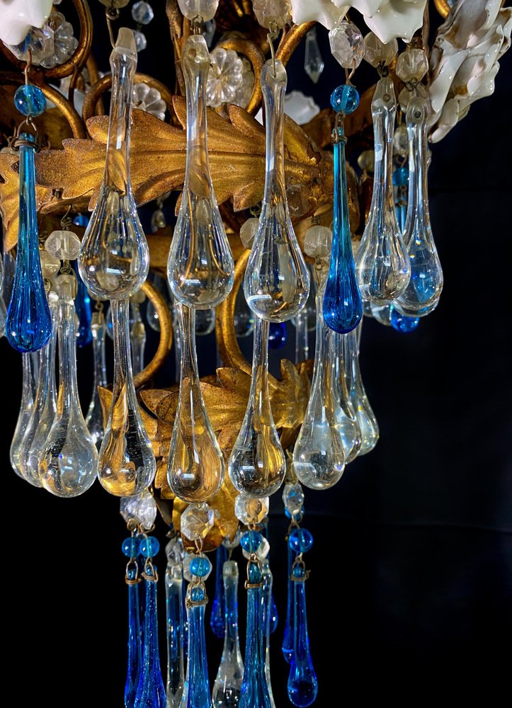 Chandelier with White Roses and Blue Drops, Murano, 1950s