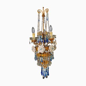 Chandelier with White Roses and Blue Drops, Murano, 1950s-OVO-1235197