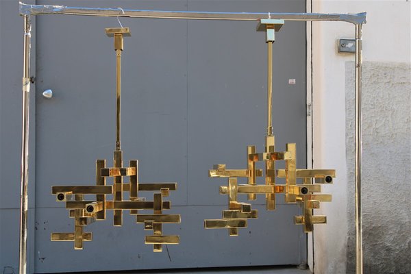 Chandeliers in Solid Brass Gaetano Prehose Minimal and Rational Design from Sciolari, 1970s, Set of 2-EH-1150930