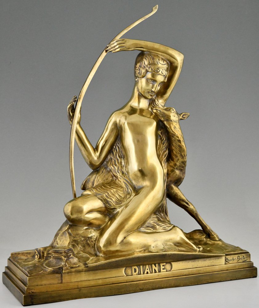 Charles Breton, Art Deco Sculpture of Diana with Bow and Fawn, 1930, Bronze