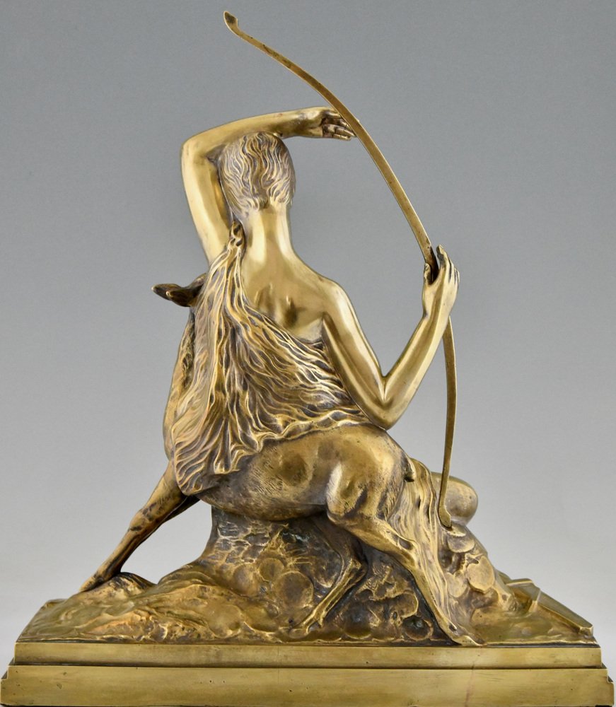 Charles Breton, Art Deco Sculpture of Diana with Bow and Fawn, 1930, Bronze