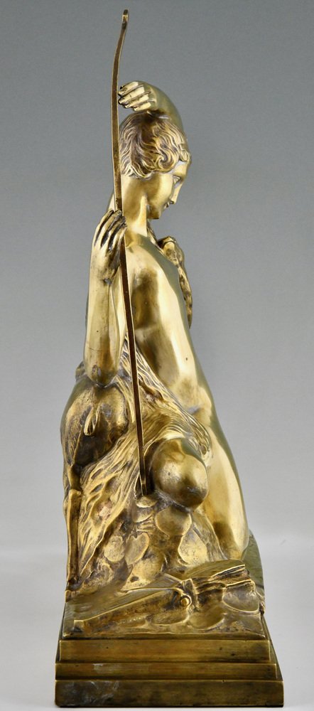 Charles Breton, Art Deco Sculpture of Diana with Bow and Fawn, 1930, Bronze