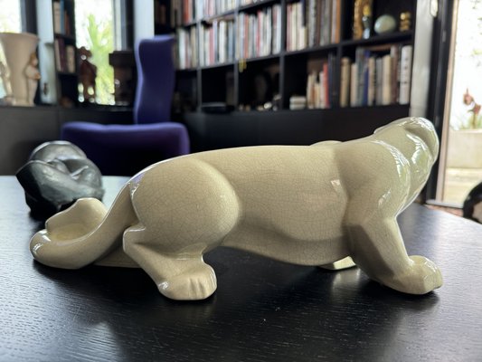 Charles Lemanceau (1905-1980) for Manufacture de Saint-Clement, Crouching Panther, Art Deco Ceramic-NRK-2036079