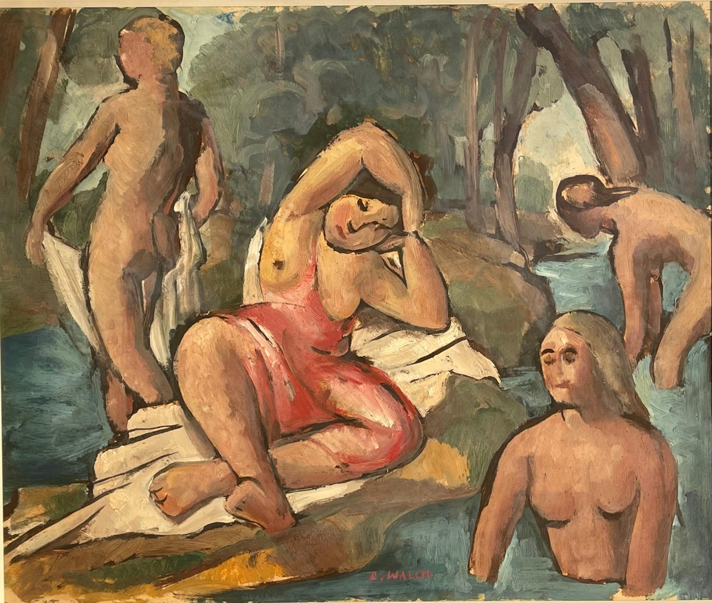 Charles Walch, Bathing in the River, Gouache