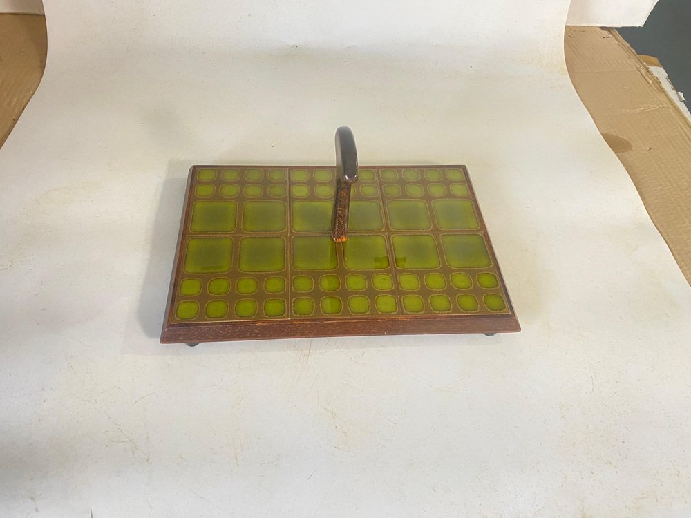 Cheese or Serving Tray in Ceramic and Wood, France, 1970s