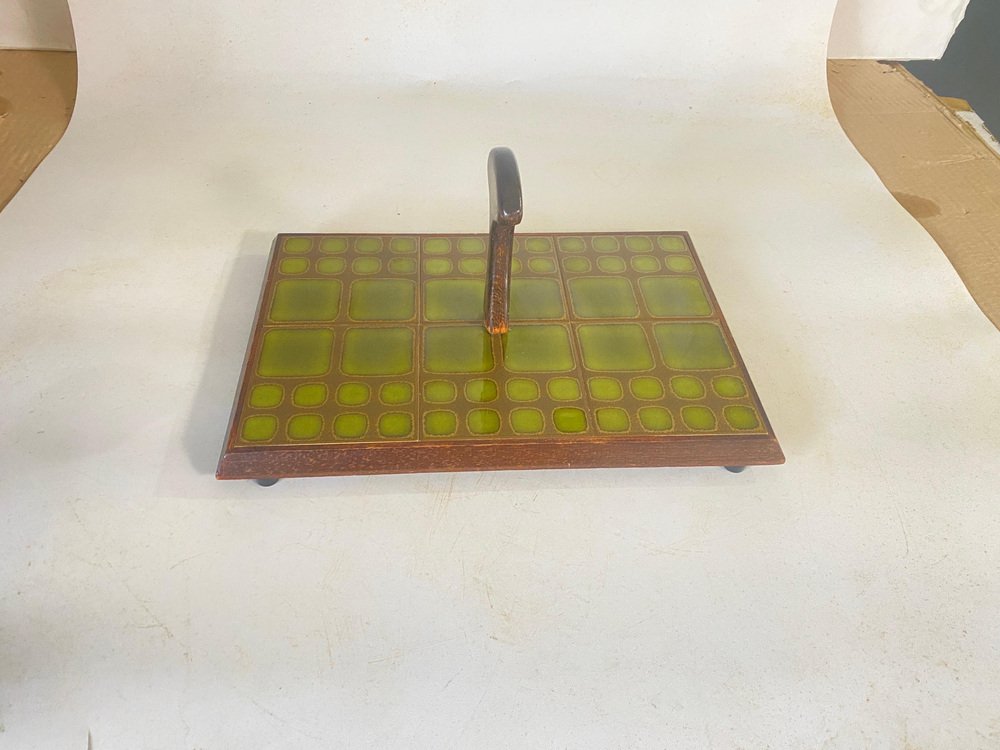 Cheese or Serving Tray in Ceramic and Wood, France, 1970s