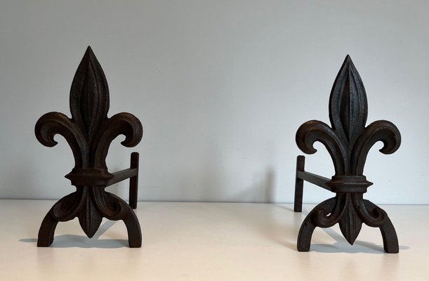 Chenets with Cast Iron and Wrought Iron Lilies, 1970s, Set of 2-BA-1479950